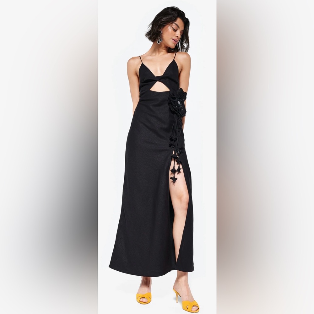 Rosewater House x Couper - Gol Dress - Black Embellished Midi Dress with Slit